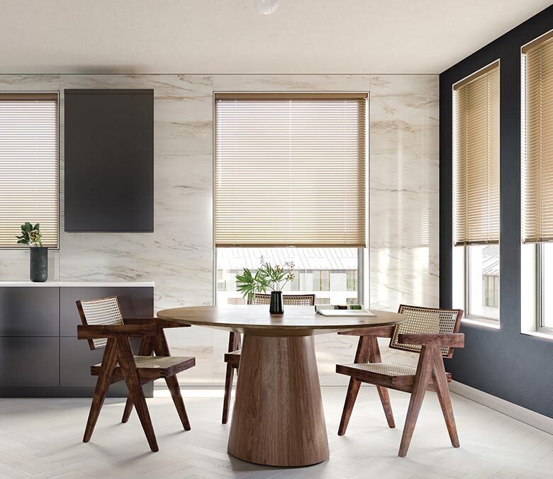dining room with gold aluminum metal blinds seeview