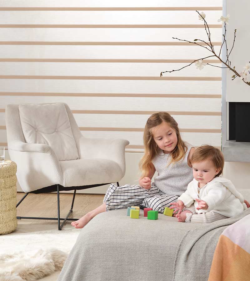 child-safe-window-treatments-flat-stack-roman-shade-gotcha-covered-seeview-blinds bedroom white and brown cordless roman shadesw