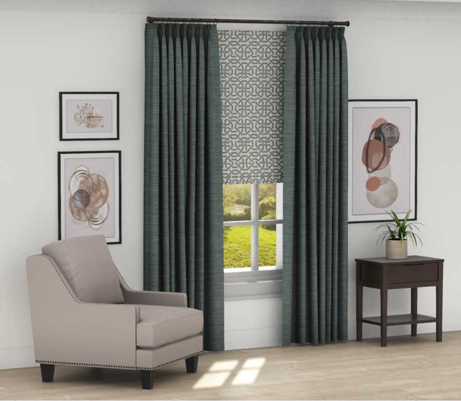 teal pinch pleat drapery custom roman shades Nova Scotia