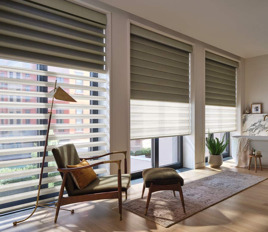 Pirouette shades on large windows for room darkening light control and sheer view-through