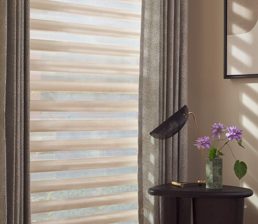Pirouette fabric vanes with sheer backing showing outdoor view