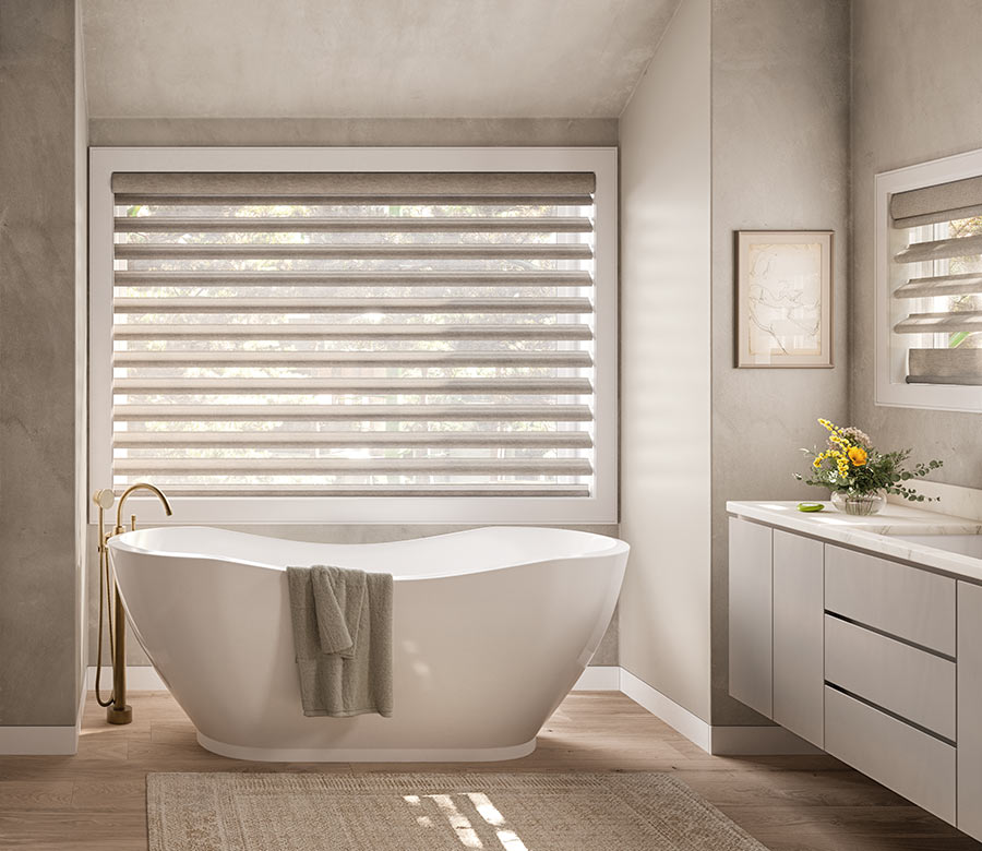 Pirouette shades on large windows for soft light control in bathroom