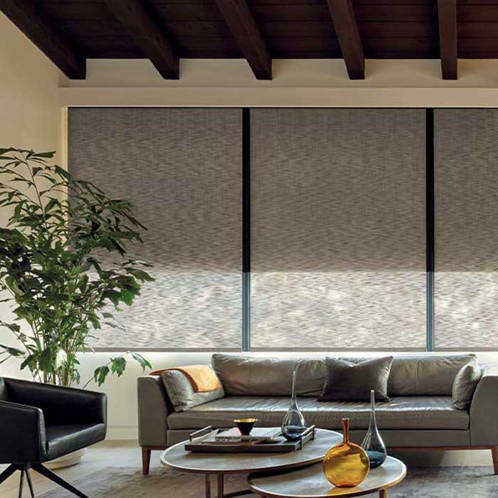 Woven Textures® roller shades with room darkening dual shade system in living room of Halifax area home
