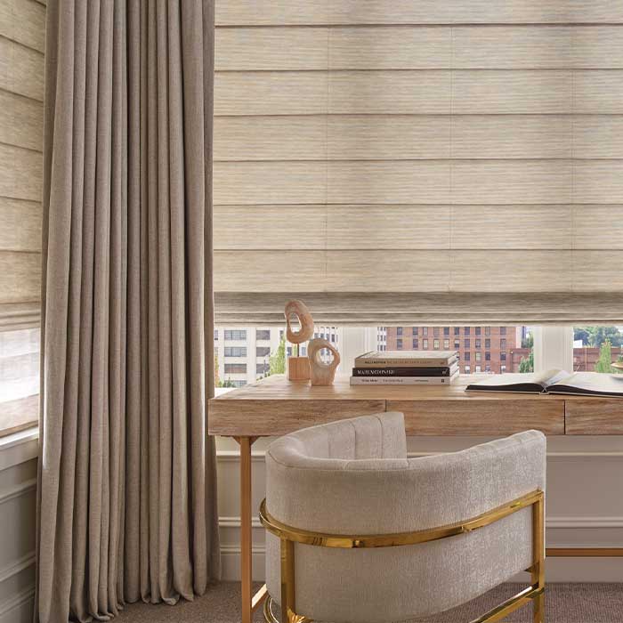alustra® woven textures® roman shades on home office windows for reduced glare
