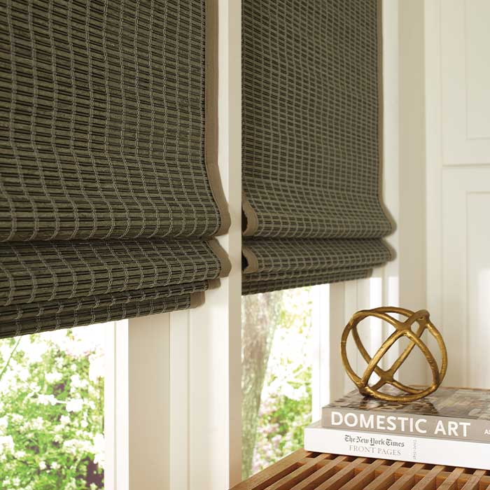 Woven wood shades with room darkening on kitchen windows