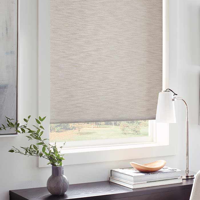 Designer Roller Shades on home office window for privacy and light blocking