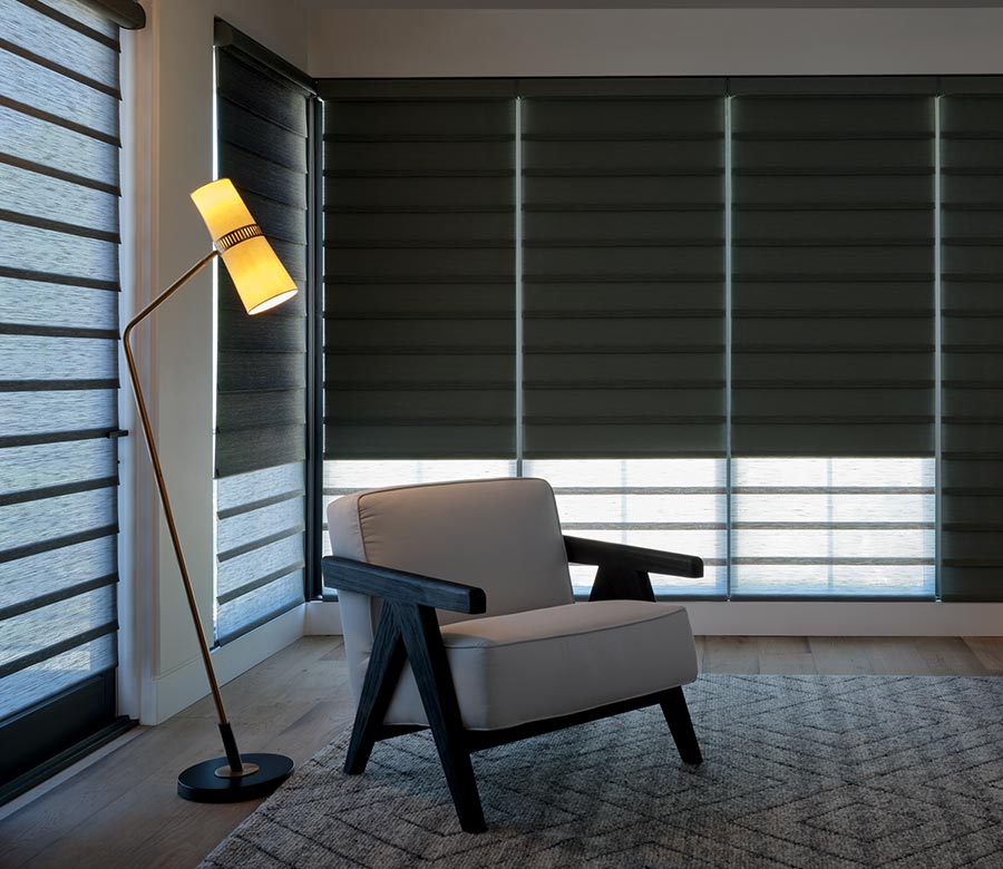 Vignette Roman Shades with Duolite for light filtering and room darkening control