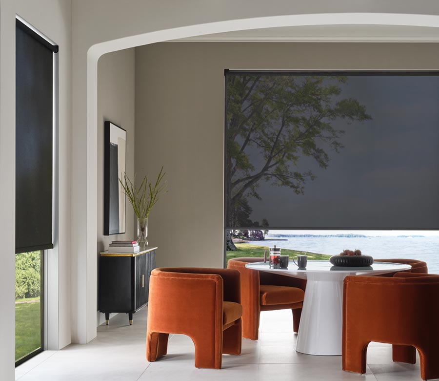 black-hunter-douglas-designer-screen-shades-for-large-windows-in-modern-dining-room-gotcha-covered-seeview black desiger screen shades covering dining area windows