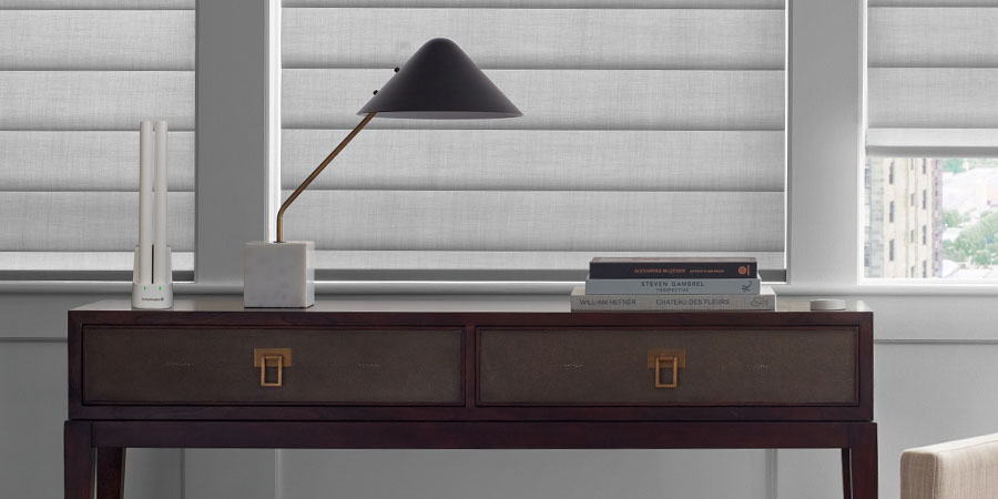 rechargeable battery wand charging on desk in front of pirouette shades