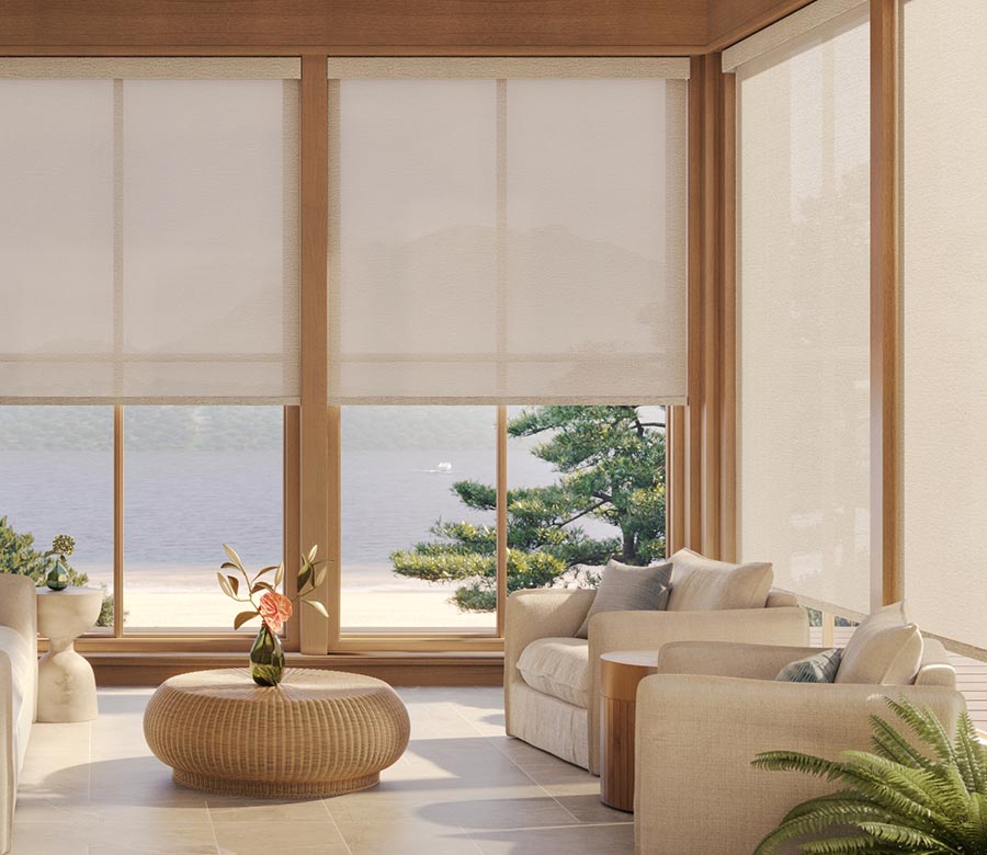 light-filtering-cream-designer-screen-shades-in-coastal-living-room-gotcha-covered-seeview living room with light filtering cream window screens