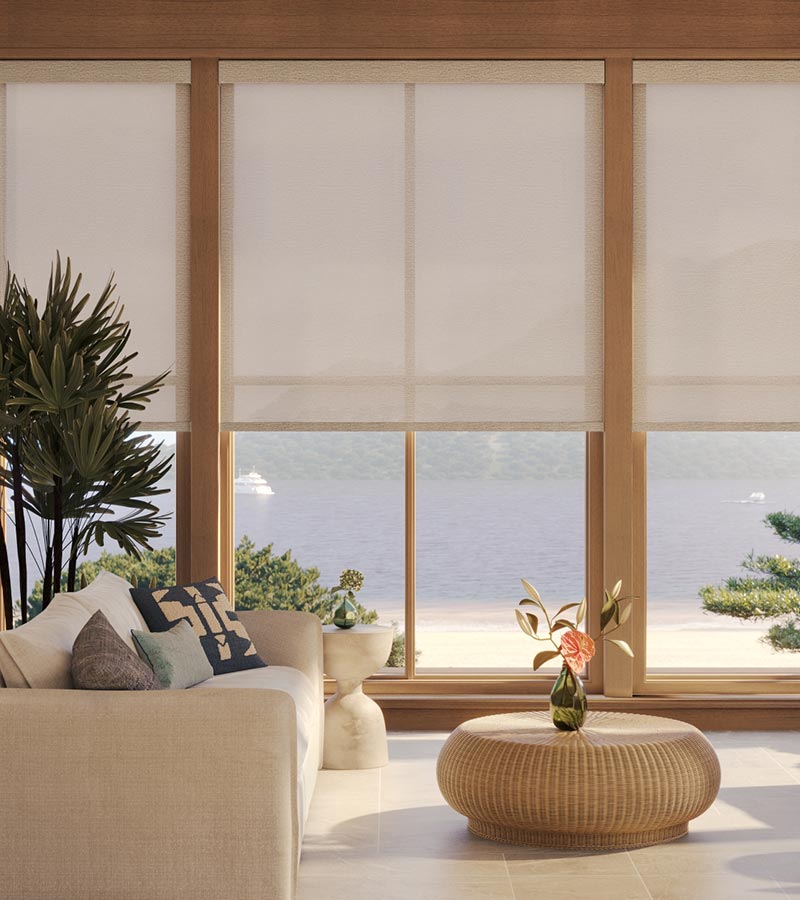 light-filtering-cream-designer-screen-shades-in-coastal-living-room-gotcha-covered-seeview block the sun rays with light filtering screen shades in living area
