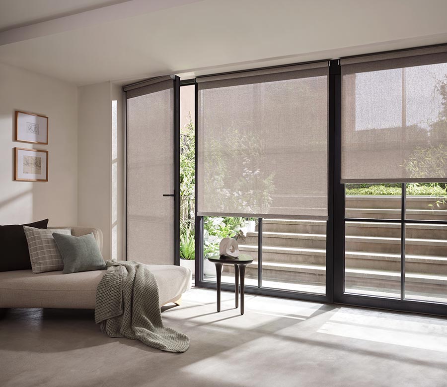 sheer-grey-designer-screen-shades-with-handle-gotcha-covered-seeview gray and sheer shades for living area that leads out to stairs on patio doors