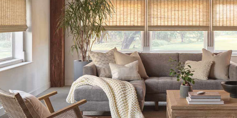 woven wood shades with light filtering materials in living room